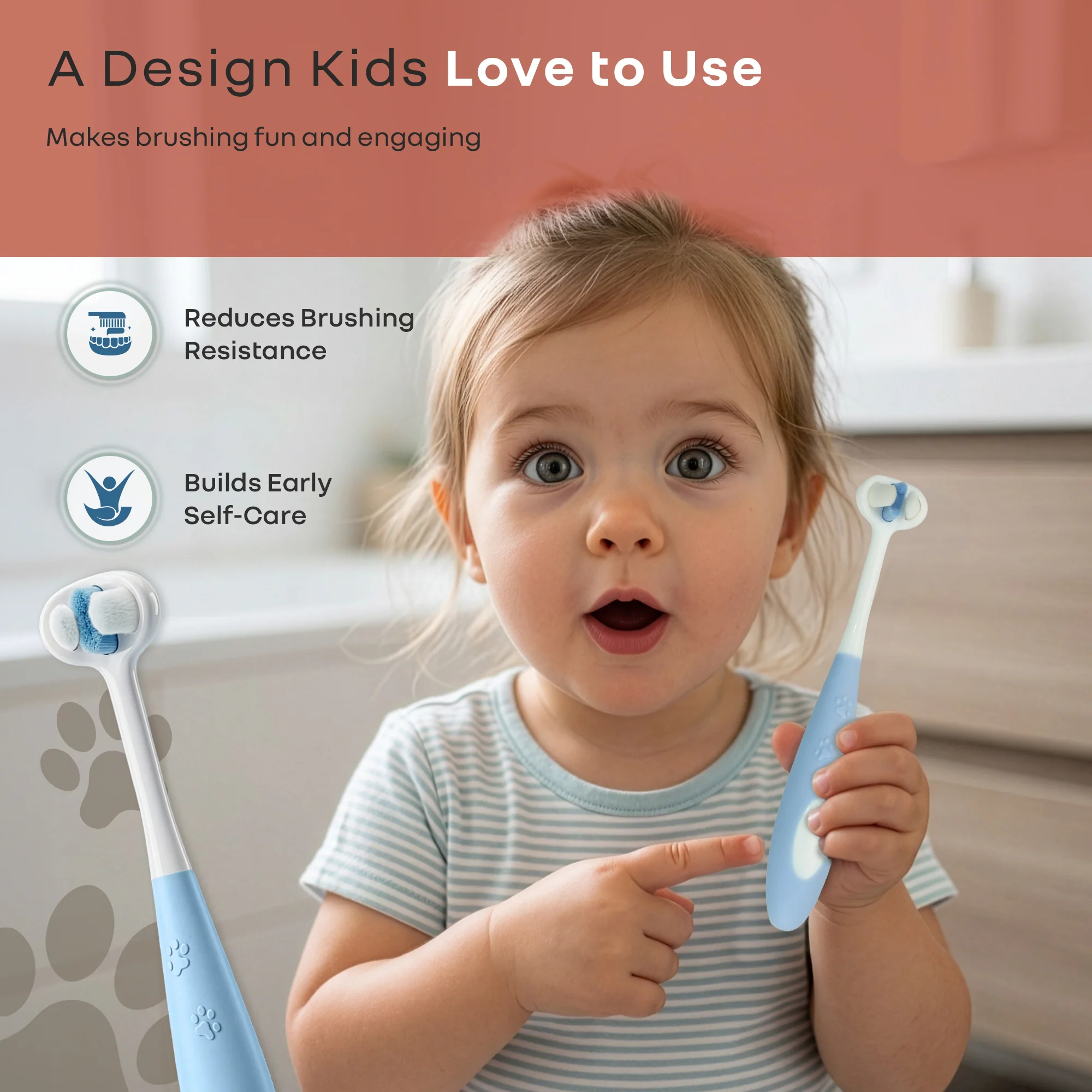 Tiny Smiles Poppins Kids Toothbrush, 3-Sided 360° Cleaning Brush, Ultra-Soft PBT Bristles - Blue - Image 4