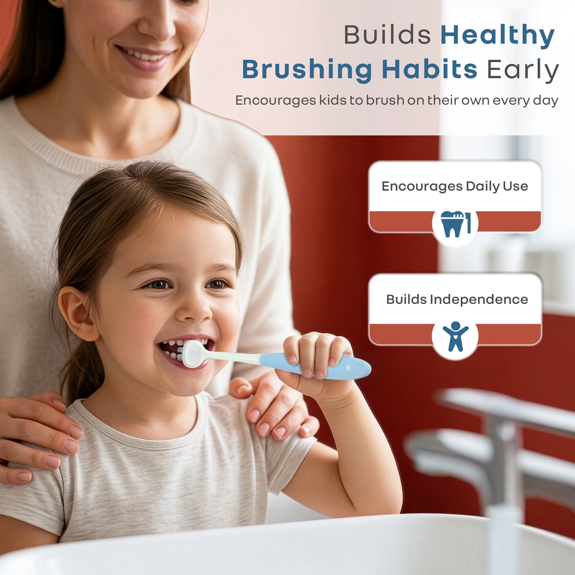 Tiny Smiles Poppins Kids Toothbrush, 3-Sided 360° Cleaning Brush, Ultra-Soft PBT Bristles - Blue - Image 5