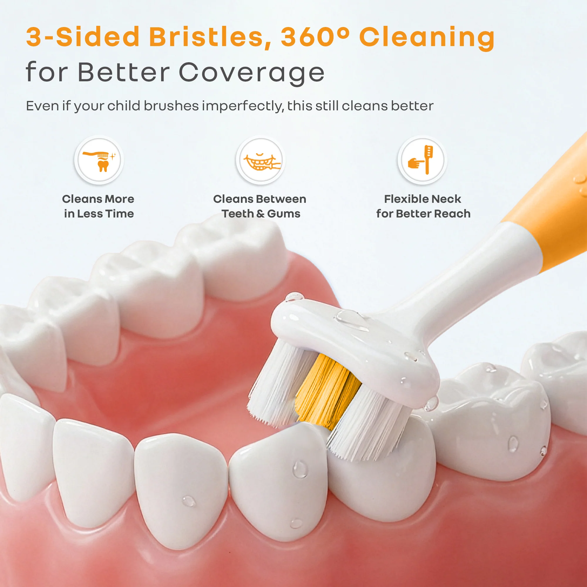 Tiny Smiles Poppins Kids Toothbrush, 3-Sided 360° Cleaning Brush, Ultra-Soft PBT Bristles - Orange - Image 2