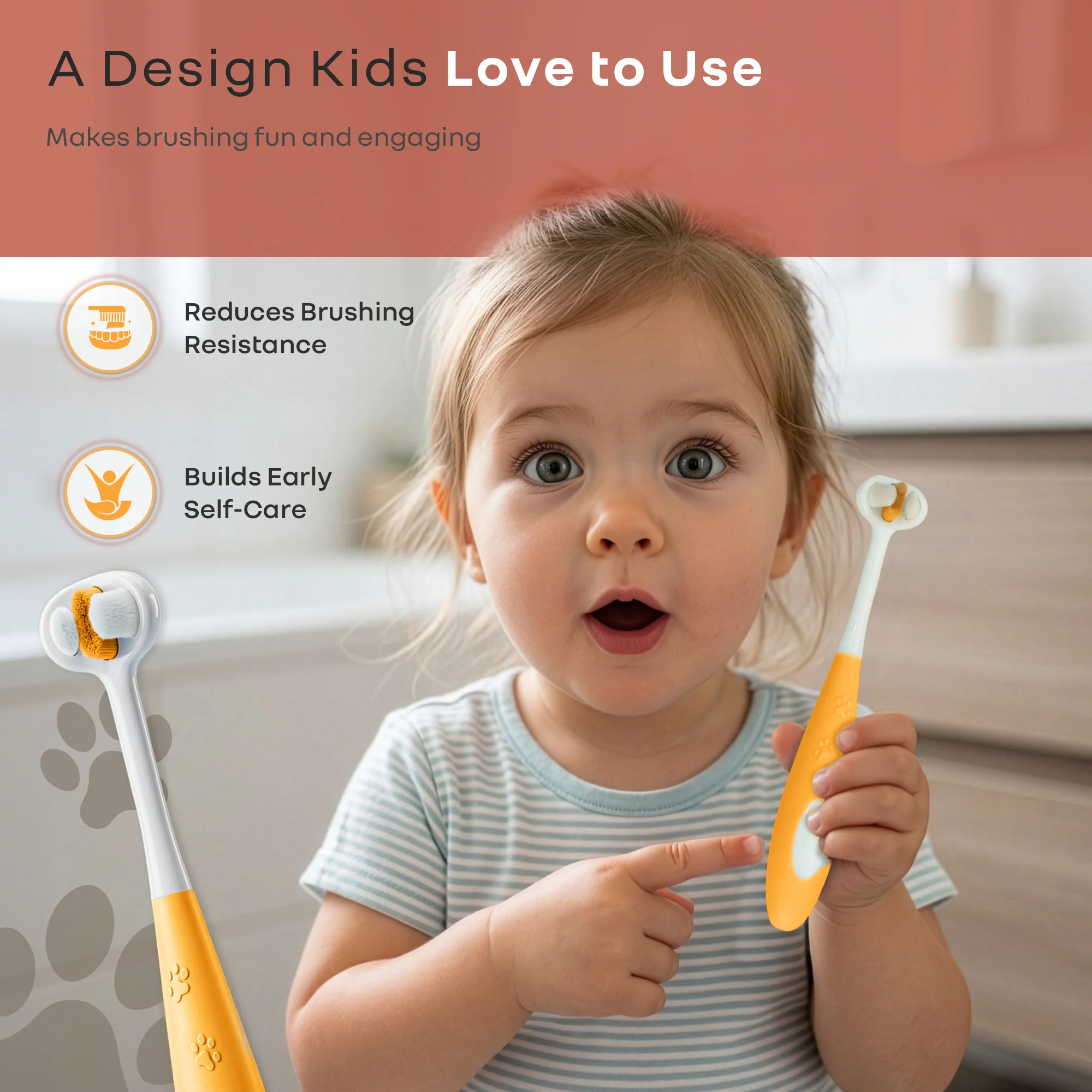 Tiny Smiles Poppins Kids Toothbrush, 3-Sided 360° Cleaning Brush, Ultra-Soft PBT Bristles - Orange - Image 4