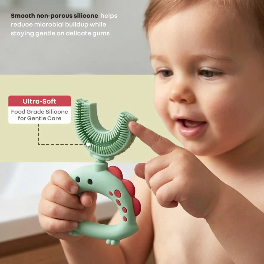 Tiny Smiles U Brush for Kids 2-5 Years, 360° U Shape Cleaning, Ultra Soft Silicone Bristles - Green - Image 3