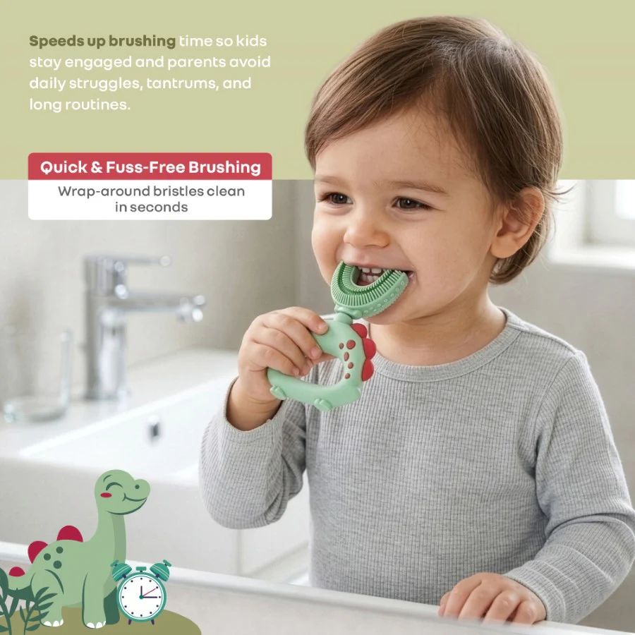 Tiny Smiles U Brush for Kids 2-5 Years, 360° U Shape Cleaning, Ultra Soft Silicone Bristles - Green - Image 4
