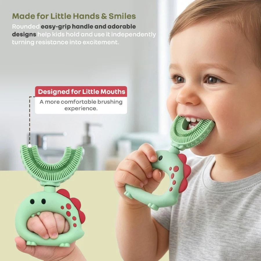 Tiny Smiles U Brush for Kids 2-5 Years, 360° U Shape Cleaning, Ultra Soft Silicone Bristles - Green - Image 5