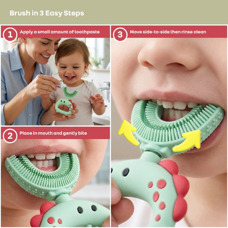 Tiny Smiles U Brush for Kids 2-5 Years, 360° U Shape Cleaning, Ultra Soft Silicone Bristles - Green - Image 6