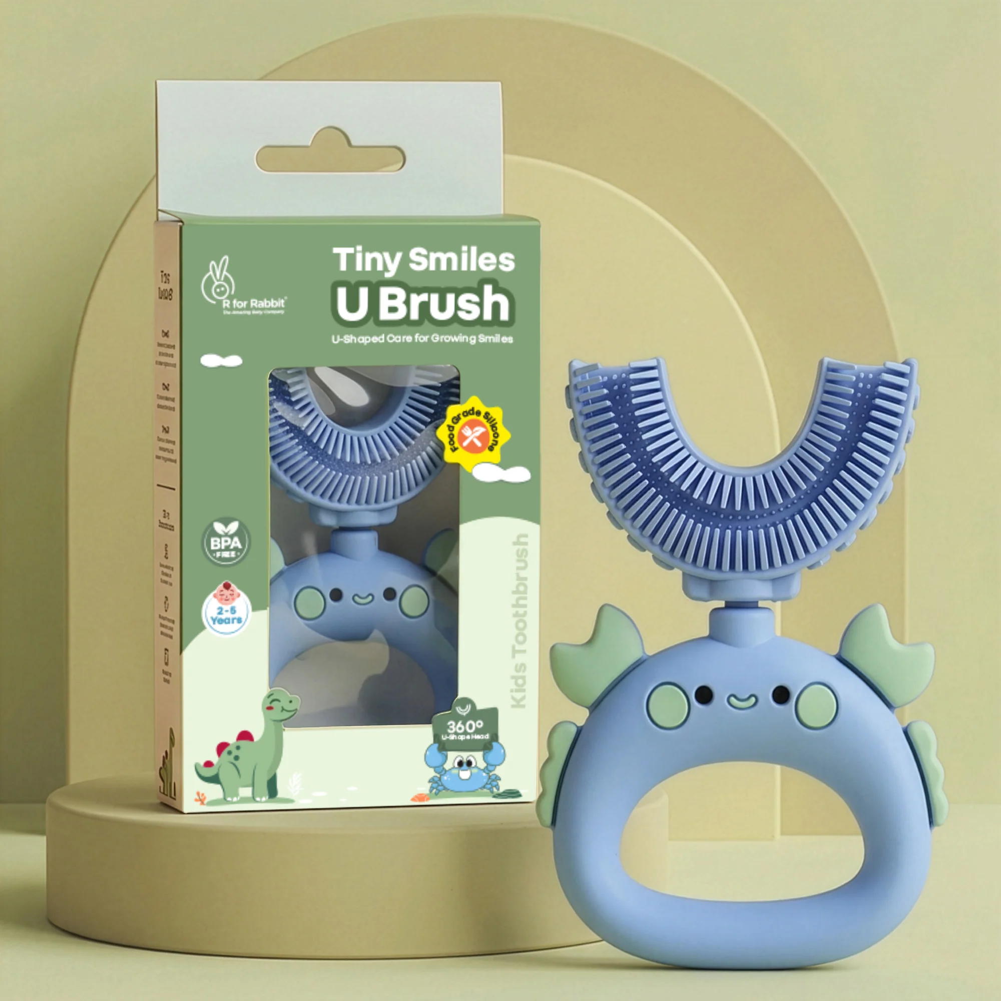 Tiny Smiles U Brush for Kids 2-5 Years, 360° U Shape Cleaning, Ultra Soft Silicone Bristles - Blue