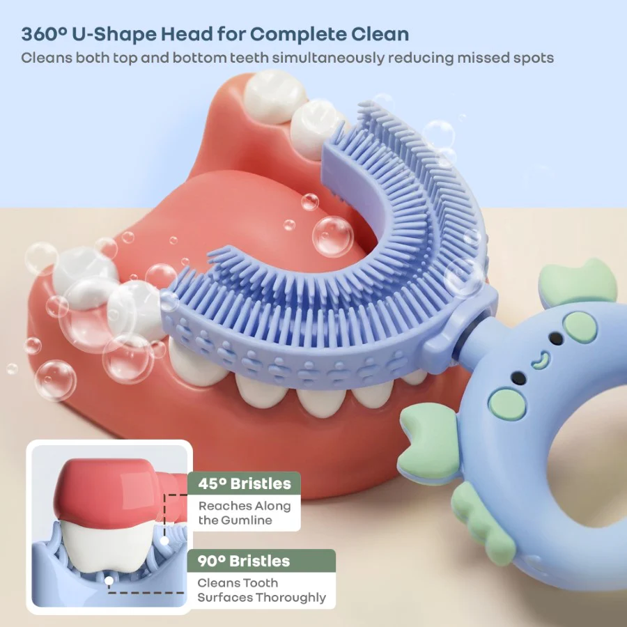 Tiny Smiles U Brush for Kids 2-5 Years, 360° U Shape Cleaning, Ultra Soft Silicone Bristles - Blue - Image 2