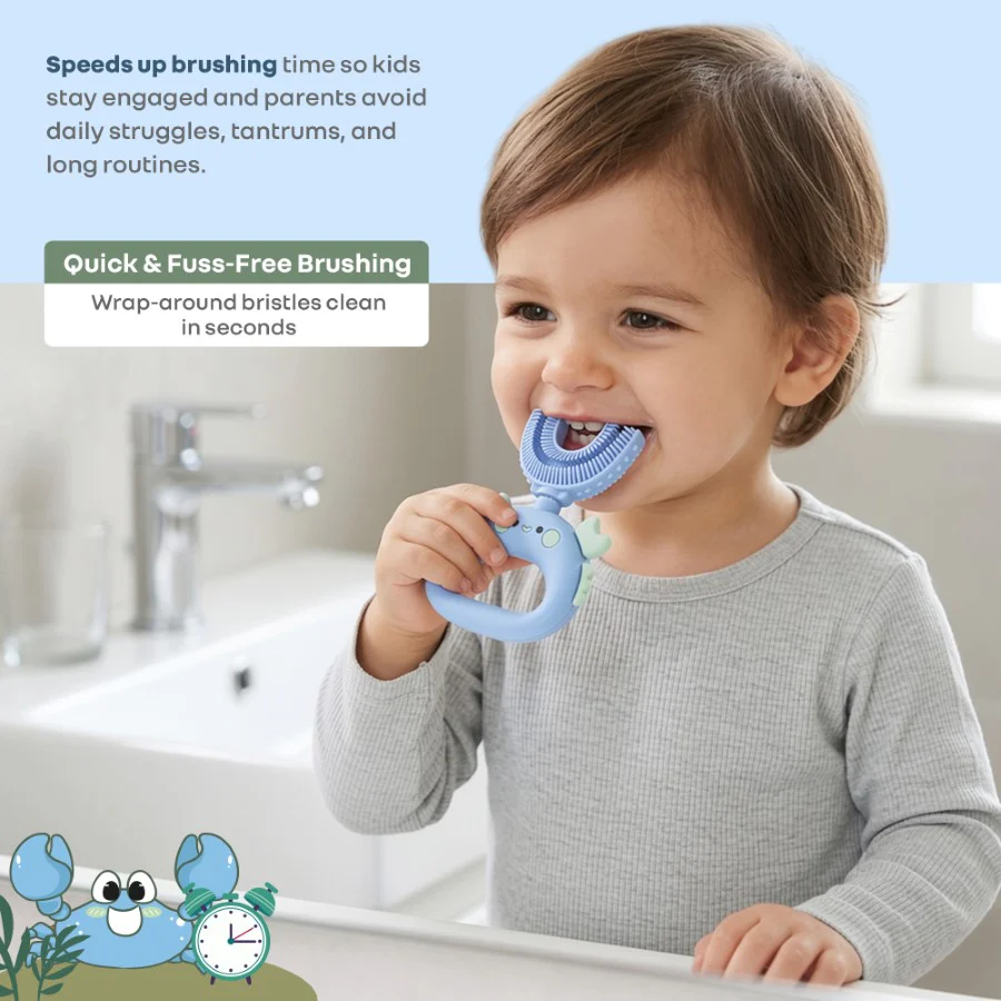 Tiny Smiles U Brush for Kids 2-5 Years, 360° U Shape Cleaning, Ultra Soft Silicone Bristles - Blue - Image 4