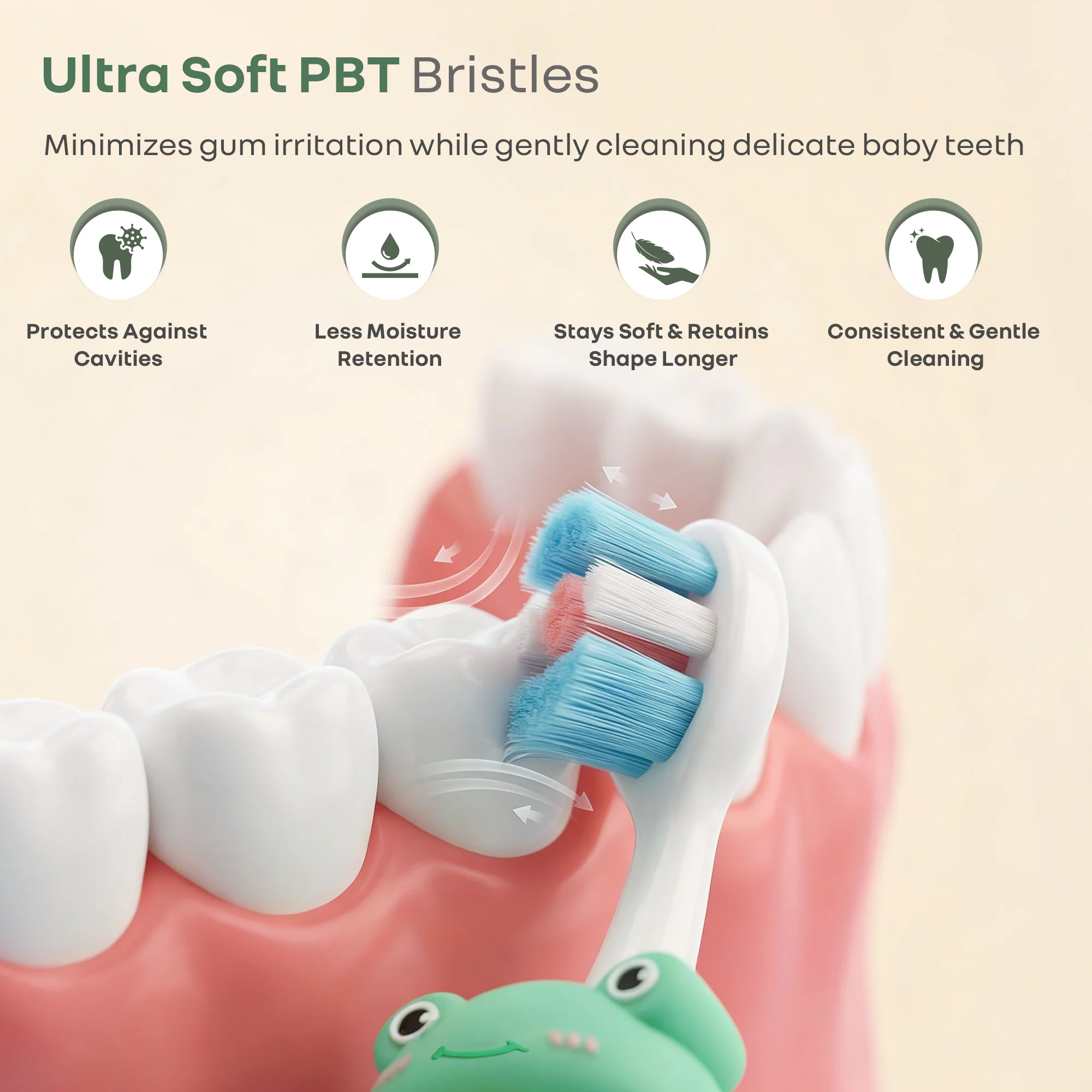 Tiny Smiles Zoobie Kids Toothbrush for 2+ Years, Ultra-Soft PBT Bristles, Self-Standing Animal Design Brush - Green Froggy - Image 2