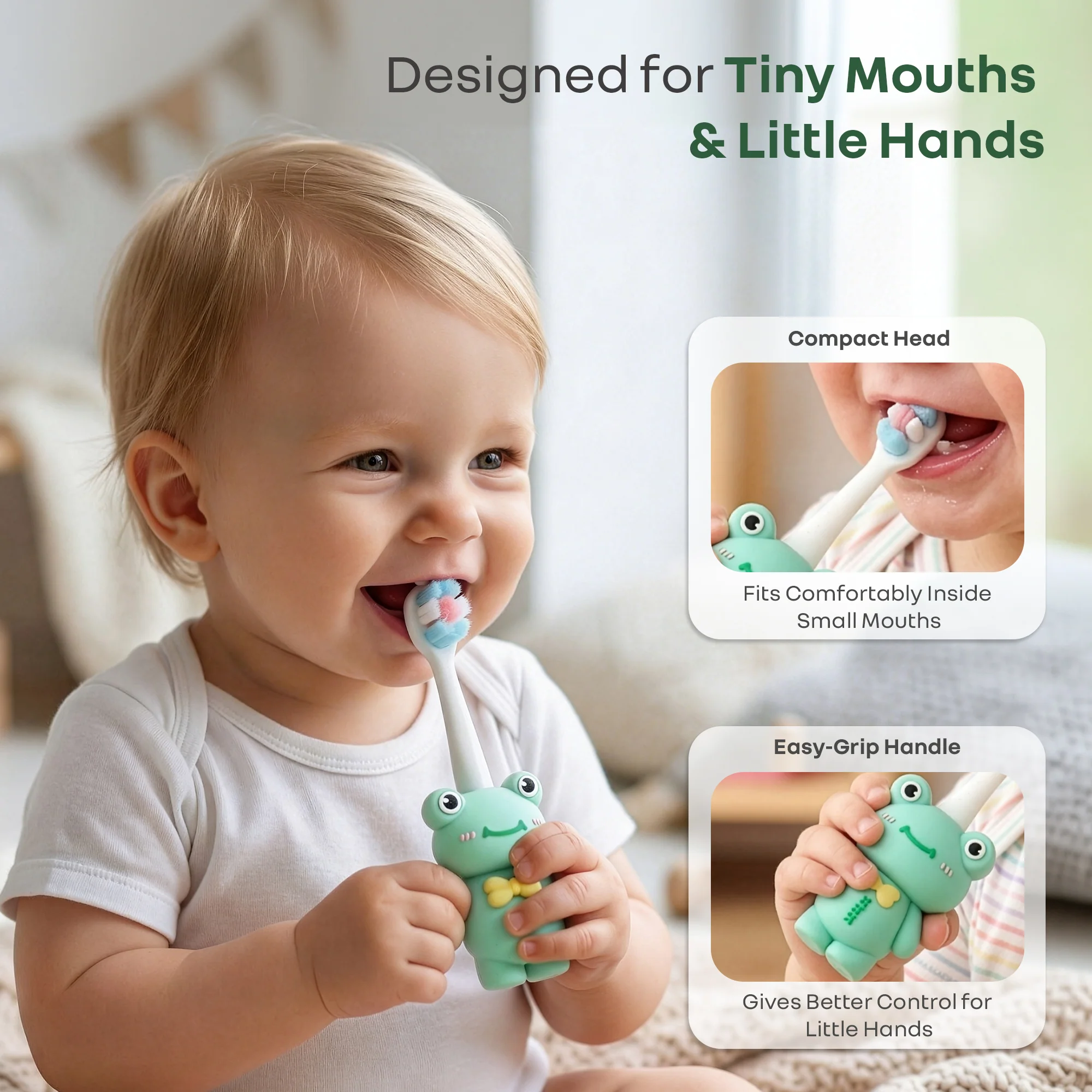 Tiny Smiles Zoobie Kids Toothbrush for 2+ Years, Ultra-Soft PBT Bristles, Self-Standing Animal Design Brush - Green Froggy - Image 4