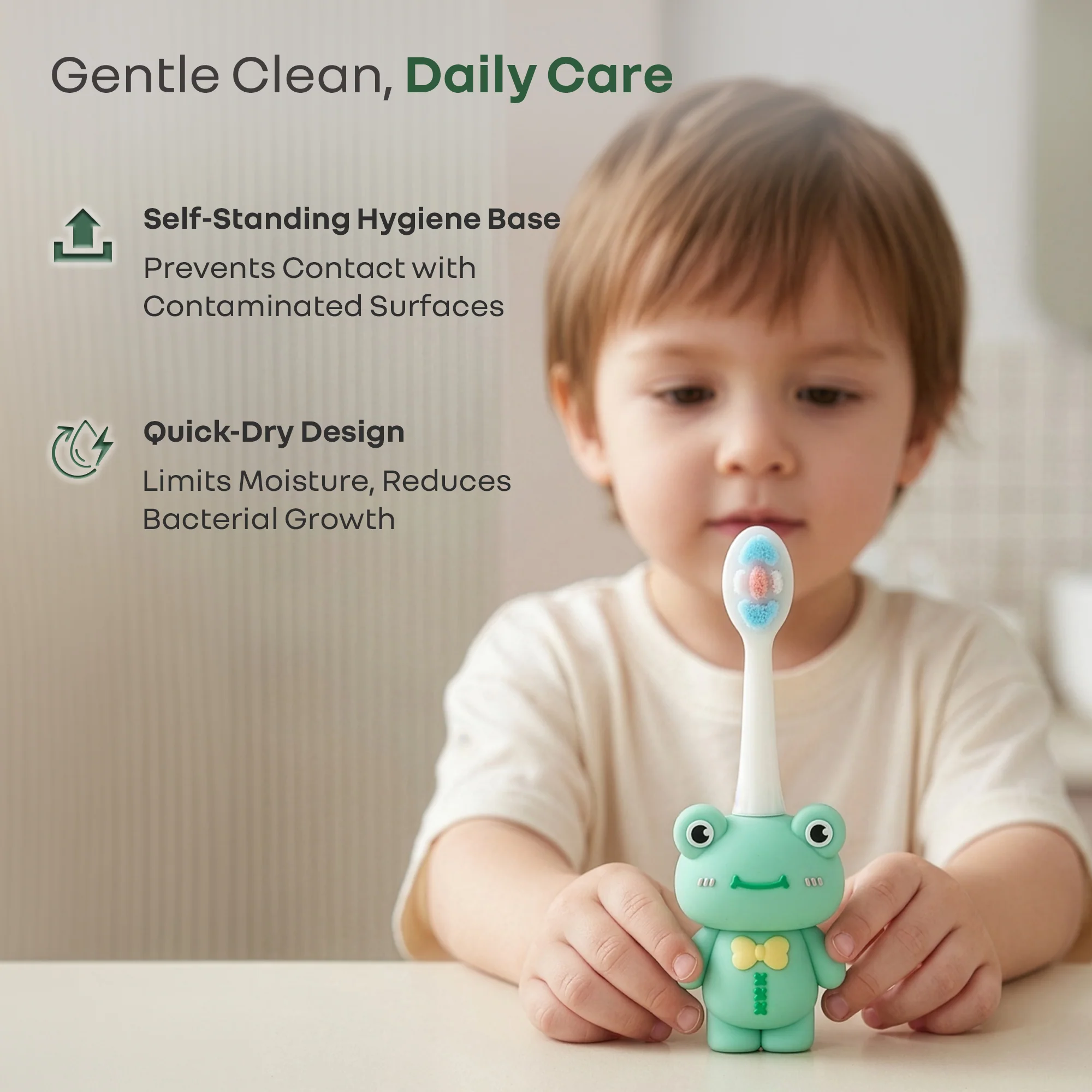 Tiny Smiles Zoobie Kids Toothbrush for 2+ Years, Ultra-Soft PBT Bristles, Self-Standing Animal Design Brush - Green Froggy - Image 5