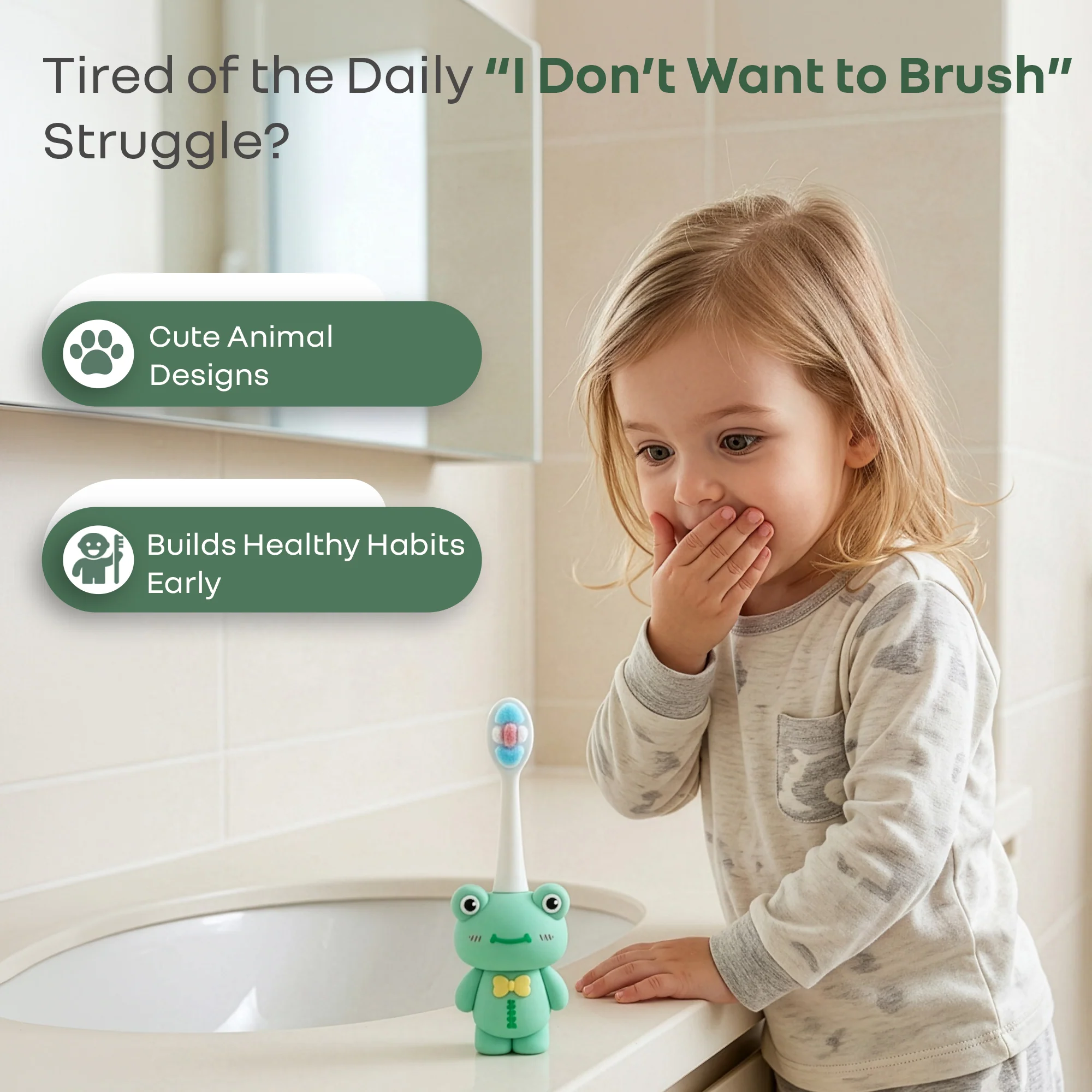 Tiny Smiles Zoobie Kids Toothbrush for 2+ Years, Ultra-Soft PBT Bristles, Self-Standing Animal Design Brush - Green Froggy - Image 7