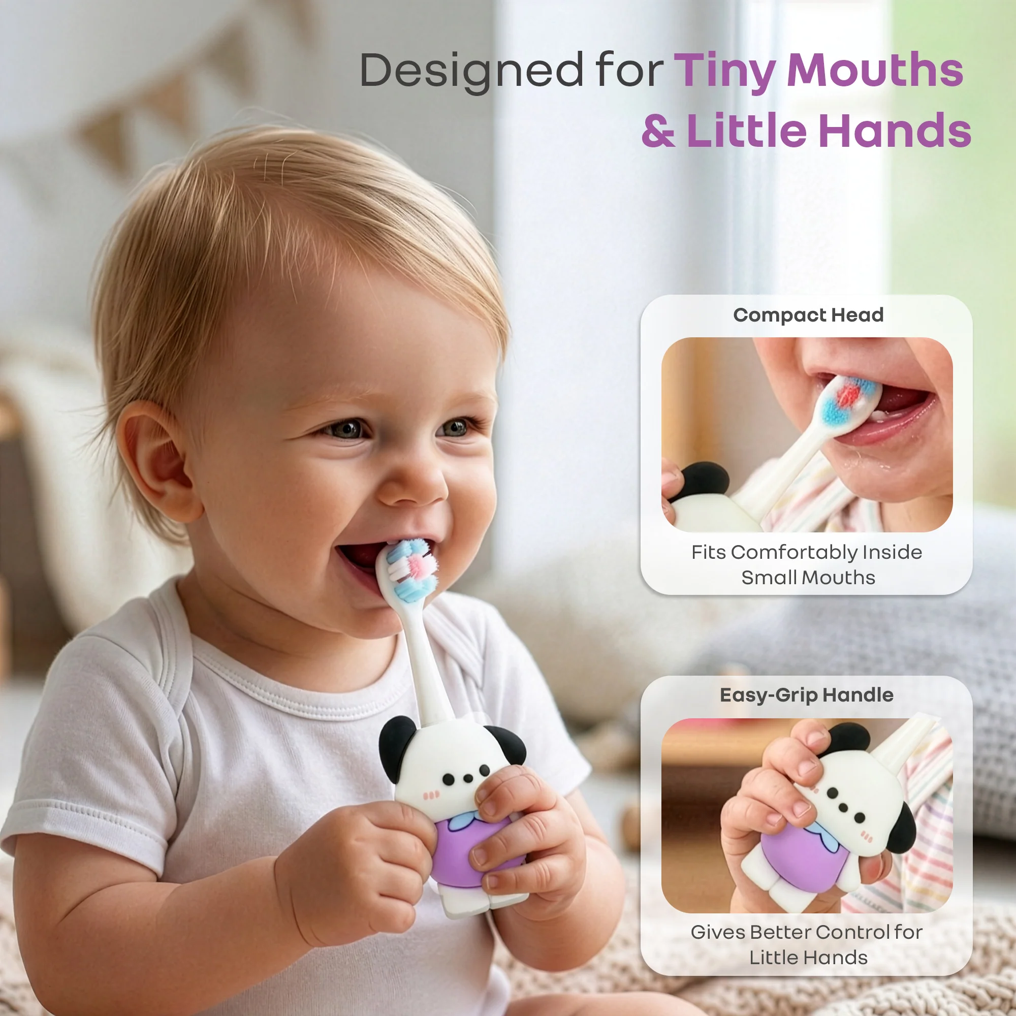 Tiny Smiles Zoobie Kids Toothbrush for 2+ Years, Ultra-Soft PBT Bristles, Self-Standing Animal Design Brush - White Doggy - Image 4