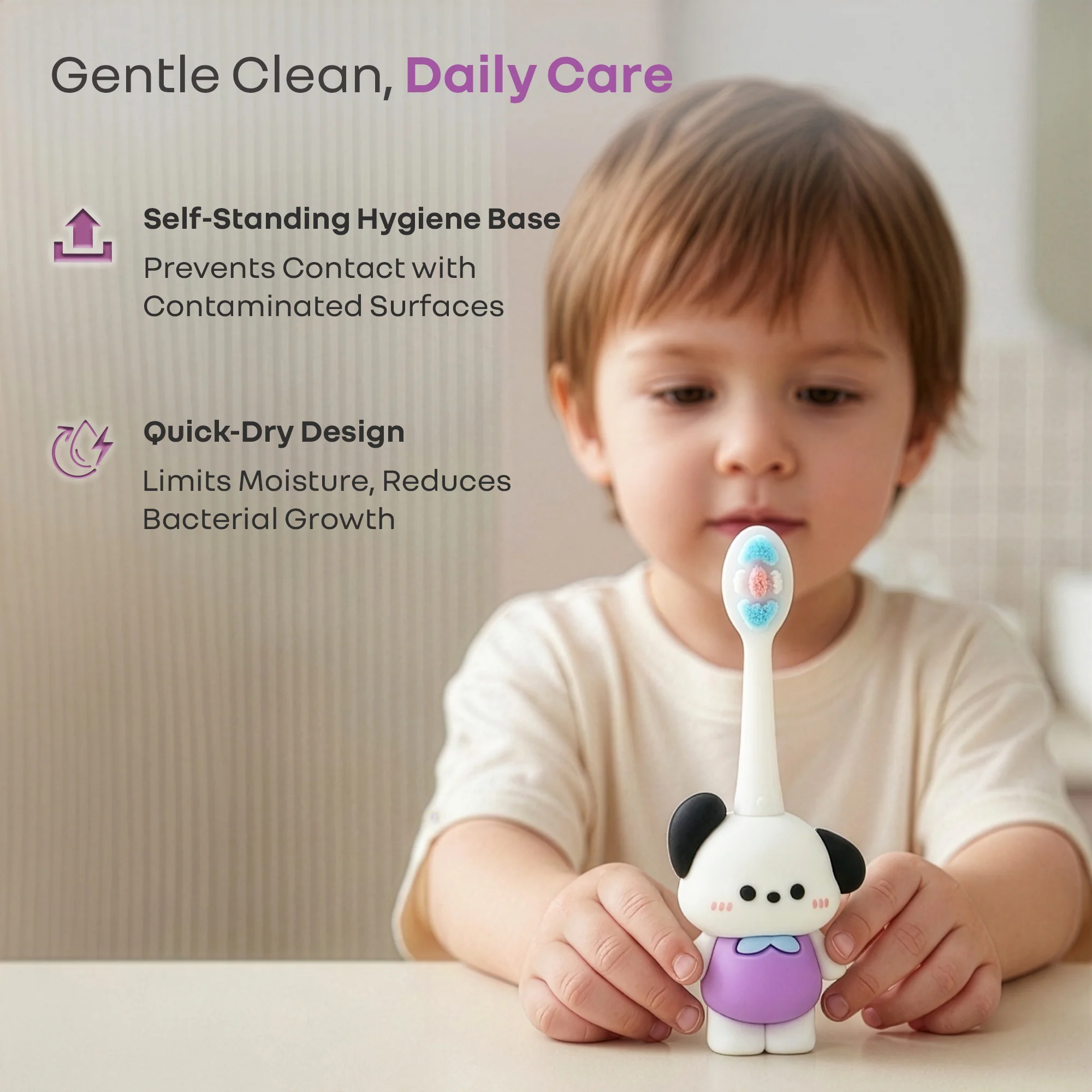 Tiny Smiles Zoobie Kids Toothbrush for 2+ Years, Ultra-Soft PBT Bristles, Self-Standing Animal Design Brush - White Doggy - Image 5