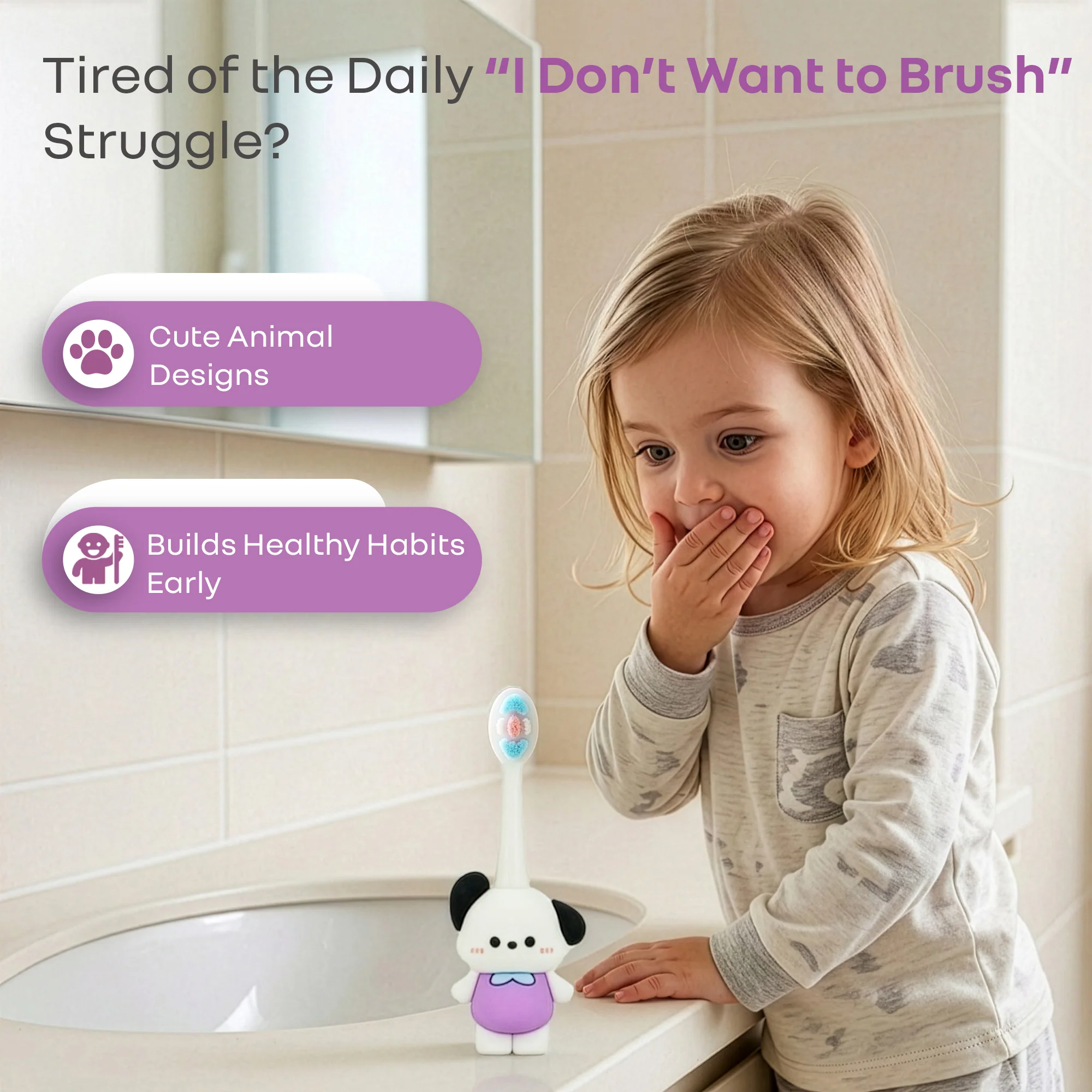 Tiny Smiles Zoobie Kids Toothbrush for 2+ Years, Ultra-Soft PBT Bristles, Self-Standing Animal Design Brush - White Doggy - Image 7