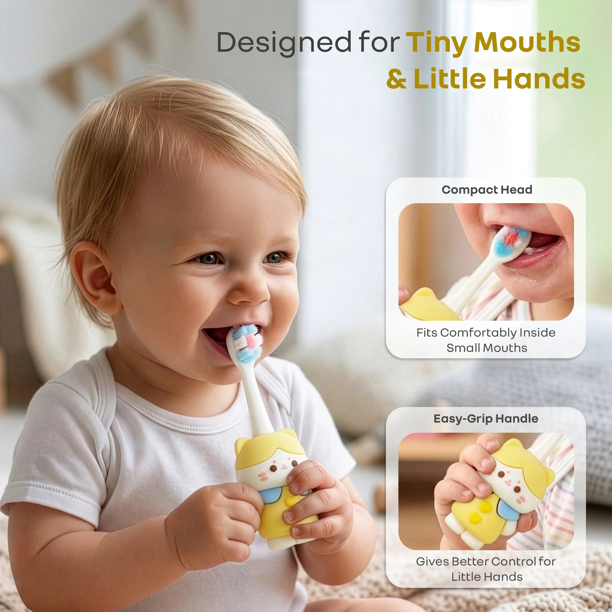 Tiny Smiles Zoobie Kids Toothbrush for 2+ Years, Ultra-Soft PBT Bristles, Self-Standing Animal Design Brush - Yellow Kitty - Image 4