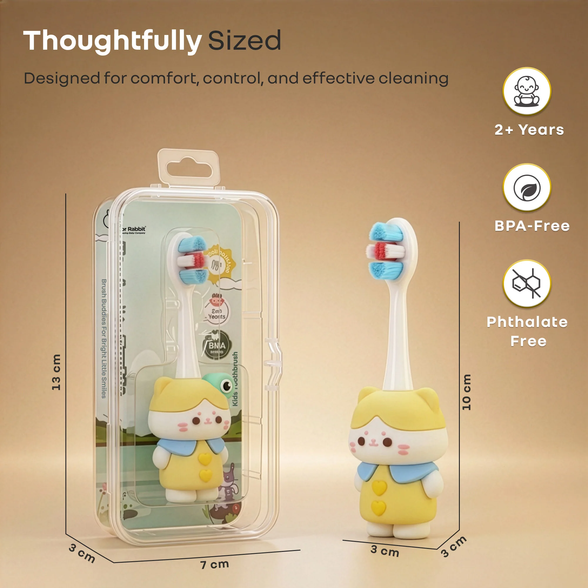 Tiny Smiles Zoobie Kids Toothbrush for 2+ Years, Ultra-Soft PBT Bristles, Self-Standing Animal Design Brush - Yellow Kitty - Image 9