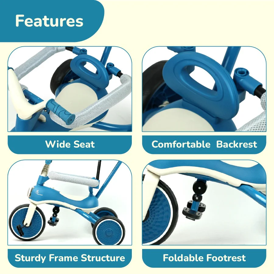Tiny Toes Karizma - Luxury 3-in-1 Smart Tricycle for Kids 2 to 5 Years with Music & Canopy - Blue Grey - Image 4