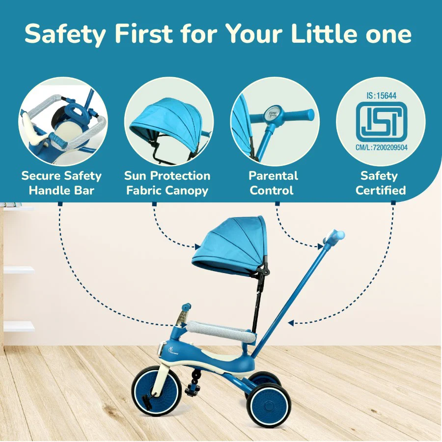 Tiny Toes Karizma - Luxury 3-in-1 Smart Tricycle for Kids 2 to 5 Years with Music & Canopy - Blue Grey - Image 6