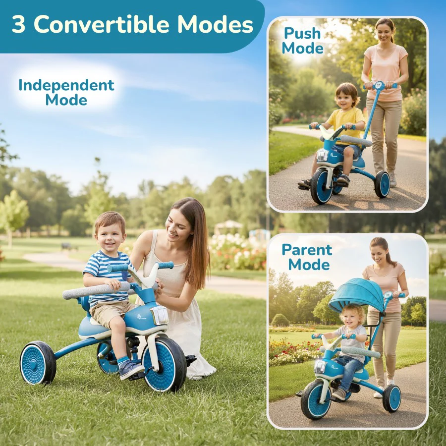 Tiny Toes Karizma - Luxury 3-in-1 Smart Tricycle for Kids 2 to 5 Years with Music & Canopy - Blue Grey - Image 7
