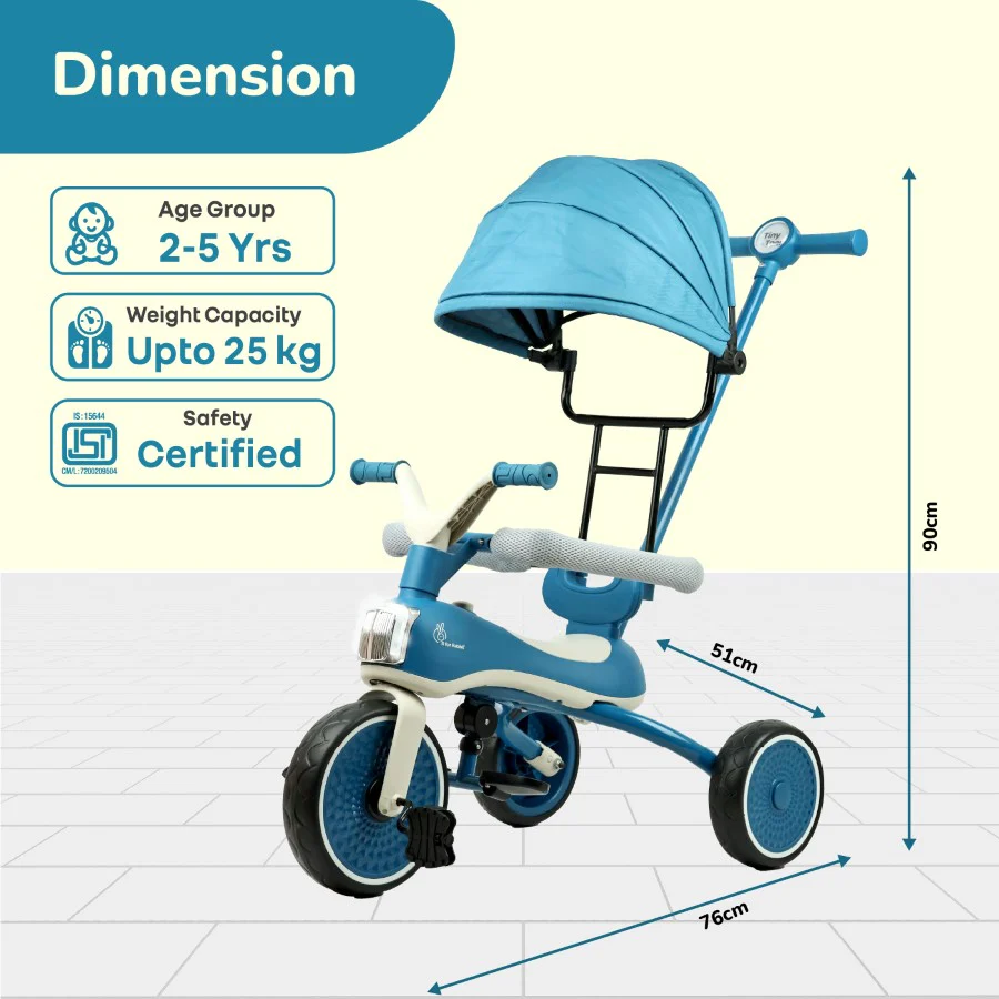 Tiny Toes Karizma - Luxury 3-in-1 Smart Tricycle for Kids 2 to 5 Years with Music & Canopy - Blue Grey - Image 8
