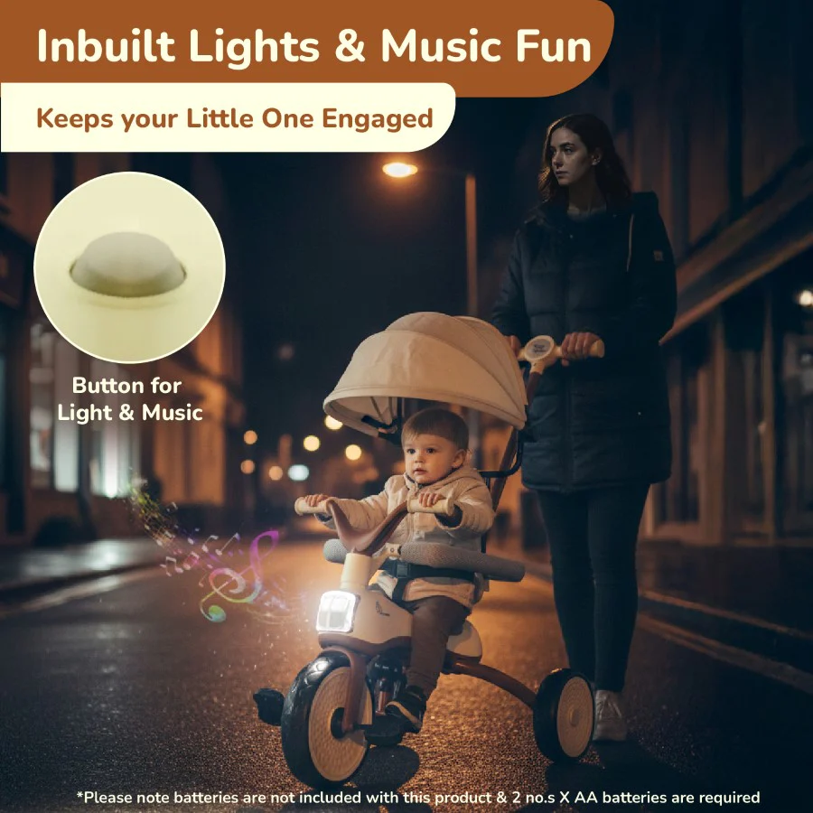 Tiny Toes Karizma - Luxury 3-in-1 Smart Tricycle for Kids 2 to 5 Years with Music & Canopy - Cream Brown - Image 2