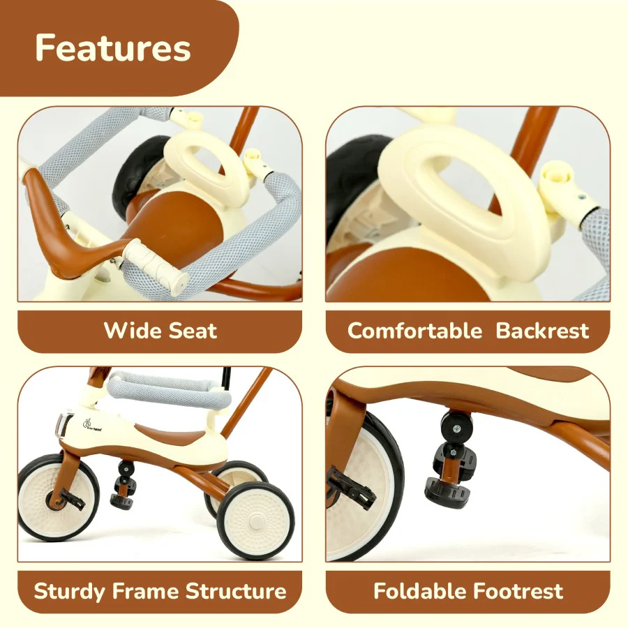 Tiny Toes Karizma - Luxury 3-in-1 Smart Tricycle for Kids 2 to 5 Years with Music & Canopy - Cream Brown - Image 4