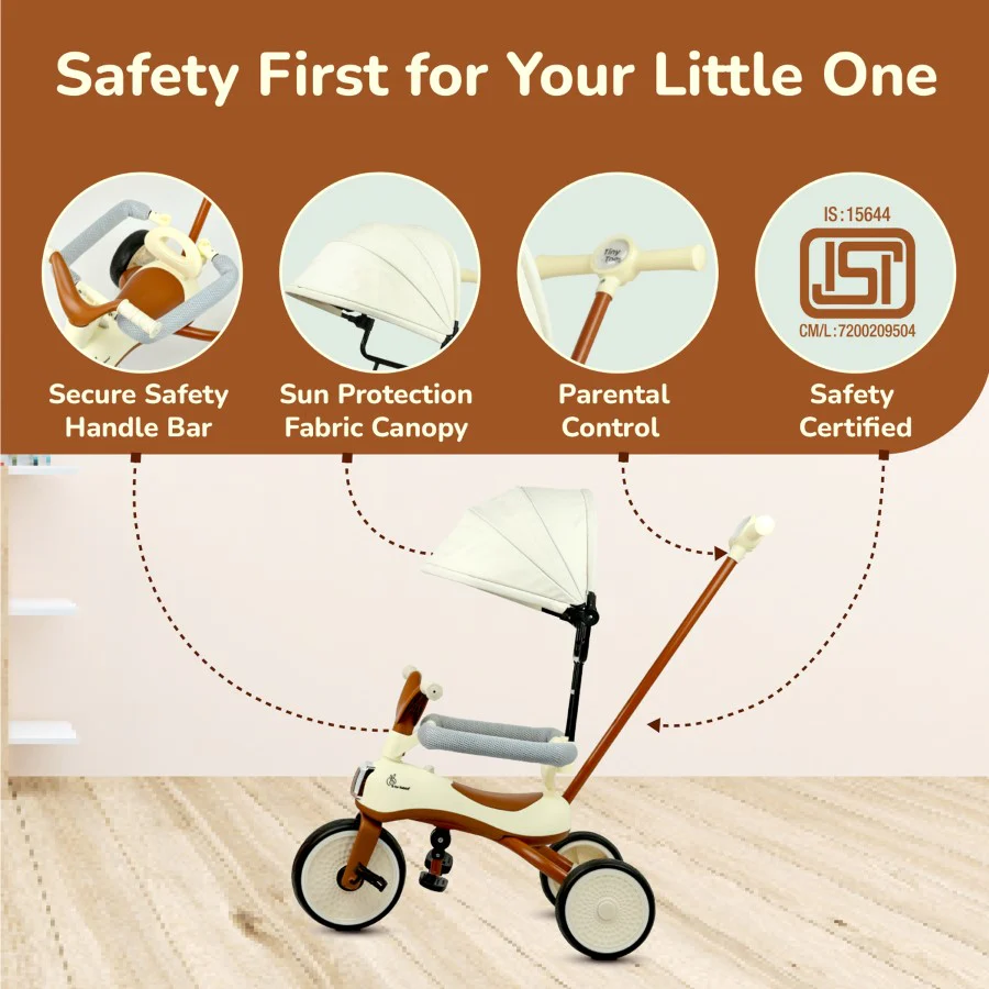Tiny Toes Karizma - Luxury 3-in-1 Smart Tricycle for Kids 2 to 5 Years with Music & Canopy - Cream Brown - Image 6