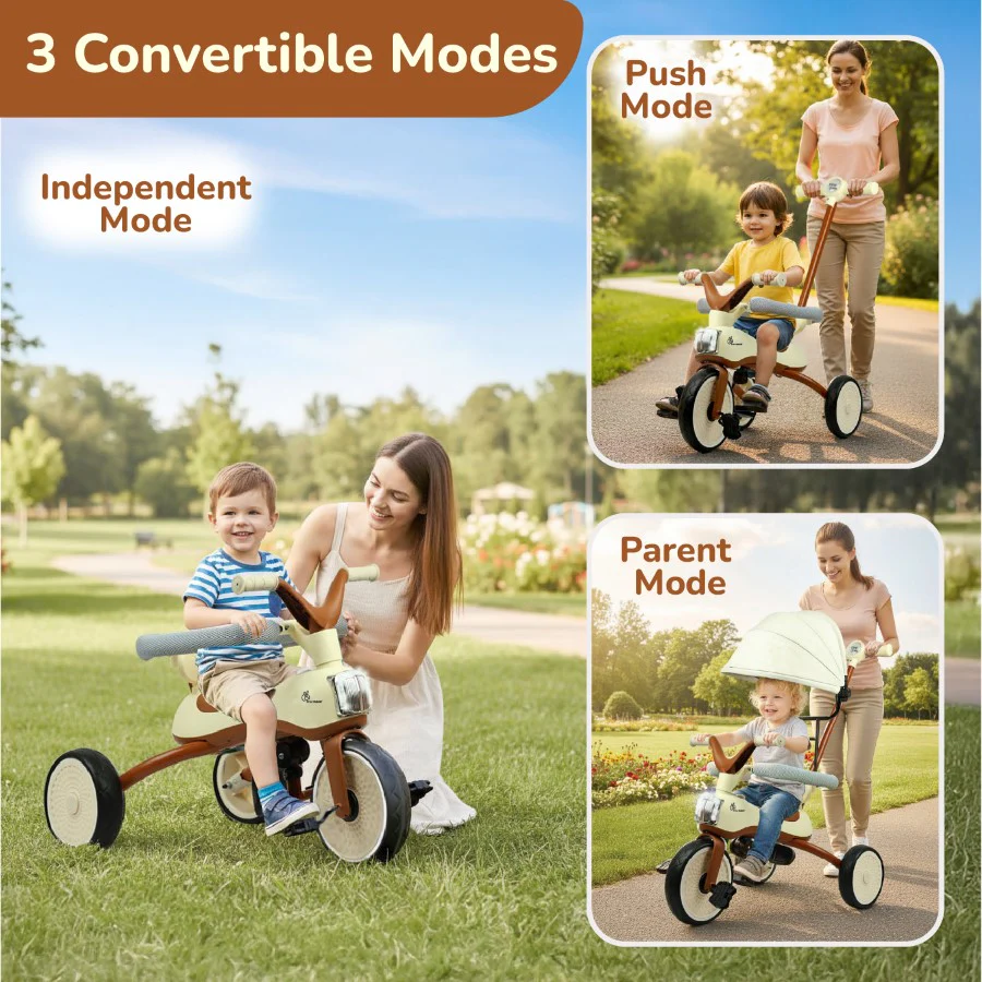 Tiny Toes Karizma - Luxury 3-in-1 Smart Tricycle for Kids 2 to 5 Years with Music & Canopy - Cream Brown - Image 7