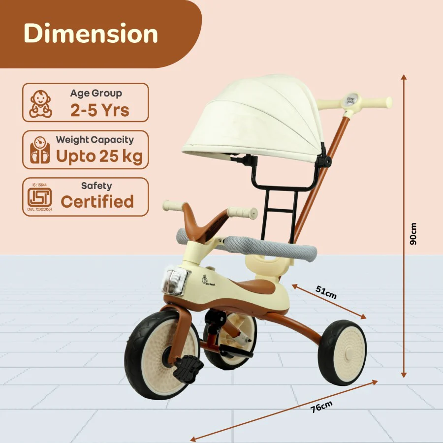 Tiny Toes Karizma - Luxury 3-in-1 Smart Tricycle for Kids 2 to 5 Years with Music & Canopy - Cream Brown - Image 8