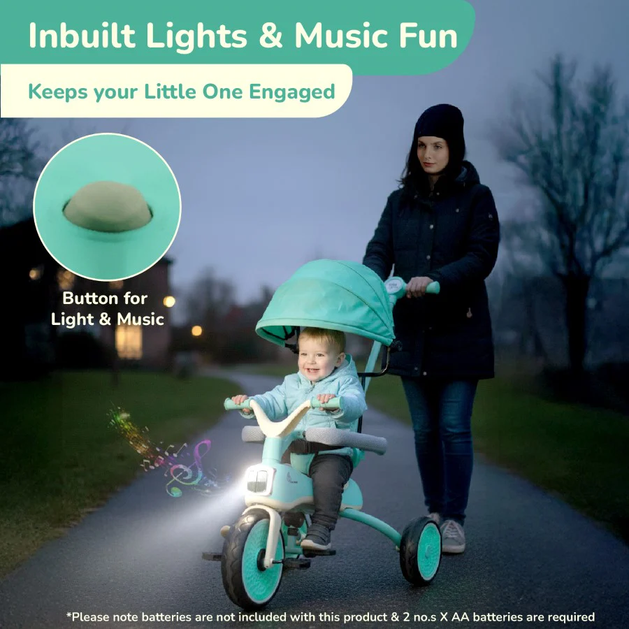 Tiny Toes Karizma - Luxury 3-in-1 Smart Tricycle for Kids 2 to 5 Years with Music & Canopy - Green Cream - Image 2