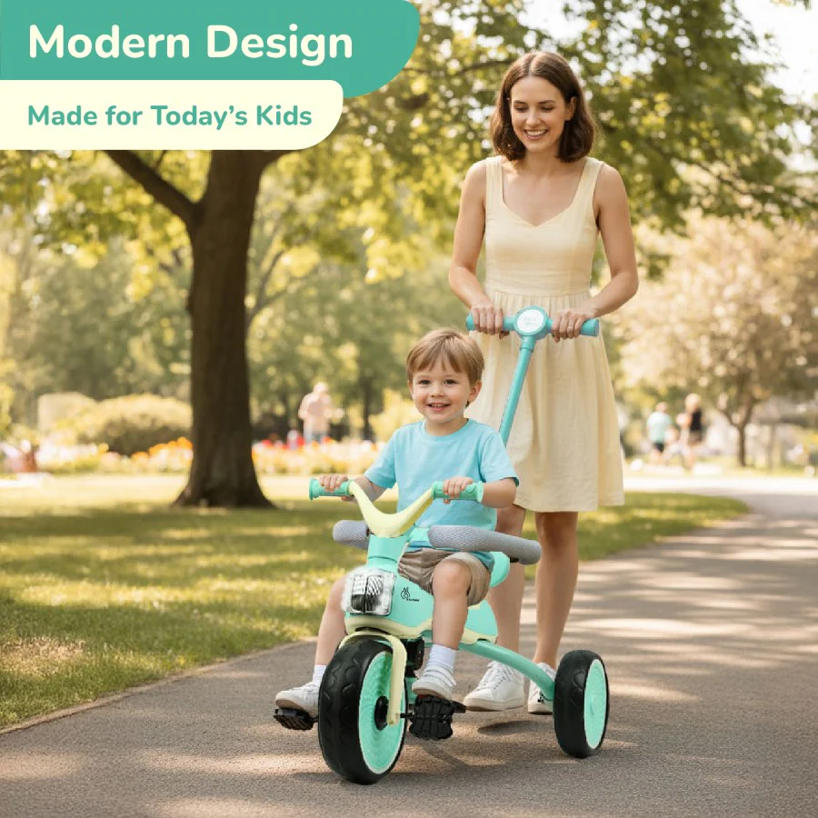 Tiny Toes Karizma - Luxury 3-in-1 Smart Tricycle for Kids 2 to 5 Years with Music & Canopy - Green Cream - Image 3