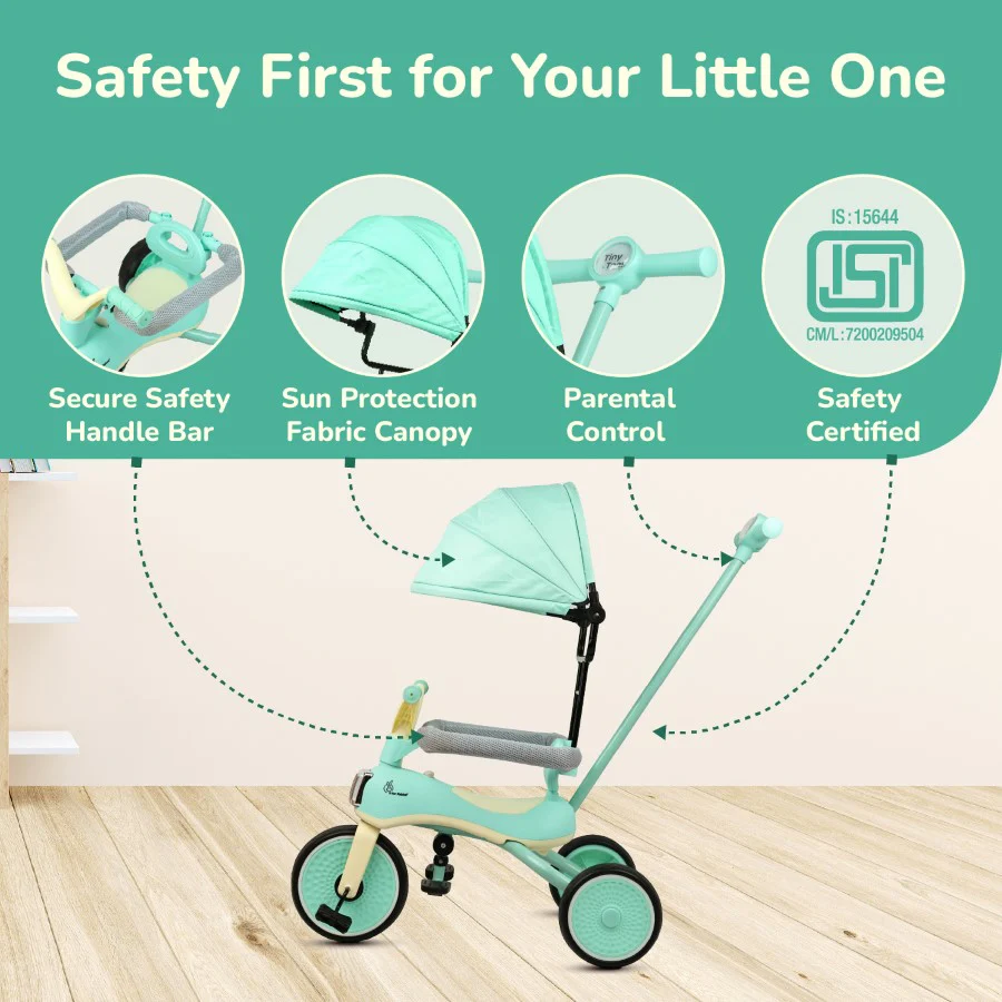 Tiny Toes Karizma - Luxury 3-in-1 Smart Tricycle for Kids 2 to 5 Years with Music & Canopy - Green Cream - Image 6