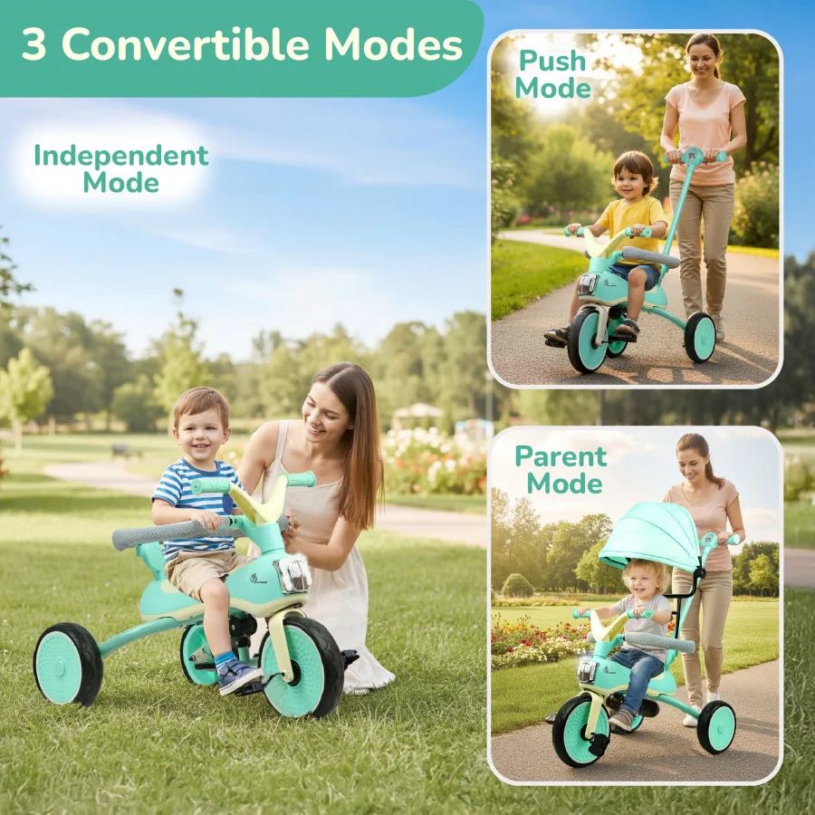 Tiny Toes Karizma - Luxury 3-in-1 Smart Tricycle for Kids 2 to 5 Years with Music & Canopy - Green Cream - Image 7