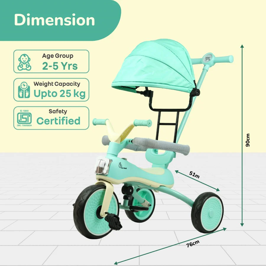 Tiny Toes Karizma - Luxury 3-in-1 Smart Tricycle for Kids 2 to 5 Years with Music & Canopy - Green Cream - Image 8