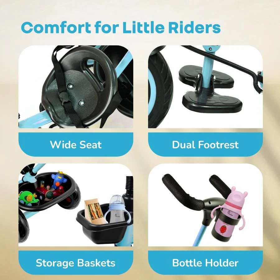 Tiny Toes R20 Plus Tricycle for Kids with Safety Certification, Plug-and-Play Design, Rubber Wheels & Steel Frame - Sky Blue - Image 5