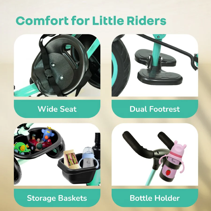 Tiny Toes R20 Plus Tricycle for Kids with Safety Certification, Plug-and-Play Design, Rubber Wheels & Steel Frame - Aqua Blue - Image 6