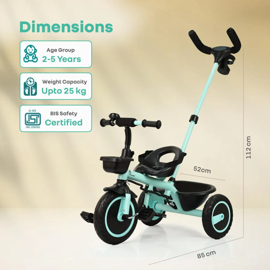 Tiny Toes R20 Plus Tricycle for Kids with Safety Certification, Plug-and-Play Design, Rubber Wheels & Steel Frame - Aqua Blue - Image 7