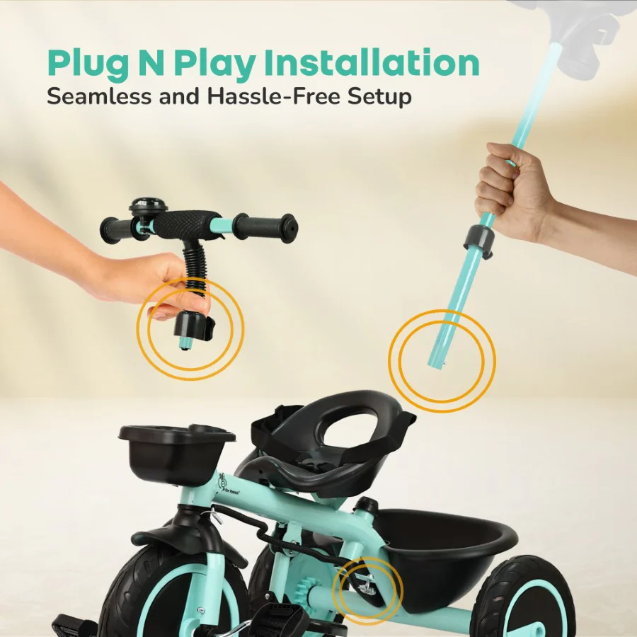 Tiny Toes R20 Plus Tricycle for Kids with Safety Certification, Plug-and-Play Design, Rubber Wheels & Steel Frame - Aqua Blue - Image 8
