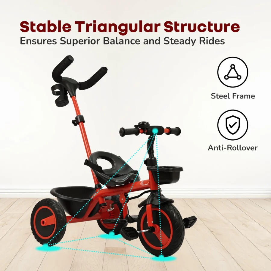 Tiny Toes R20 Plus Tricycle for Kids with Safety Certification, Plug-and-Play Design, Rubber Wheels & Steel Frame - Cherry Red - Image 5