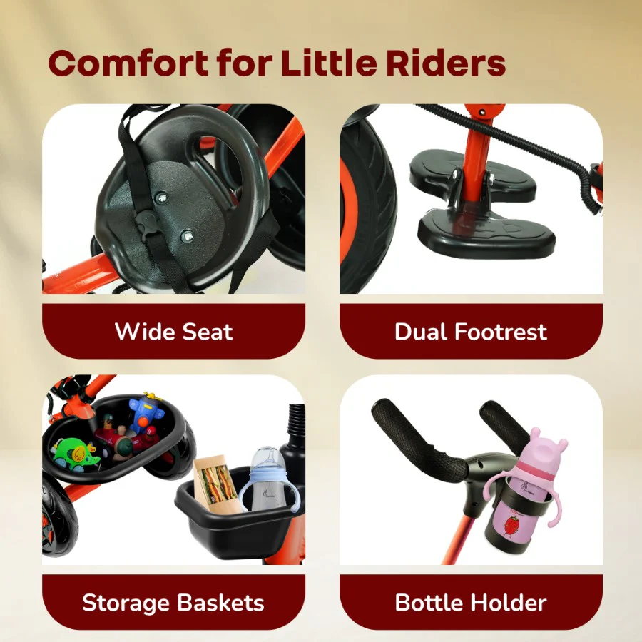 Tiny Toes R20 Plus Tricycle for Kids with Safety Certification, Plug-and-Play Design, Rubber Wheels & Steel Frame - Cherry Red - Image 6