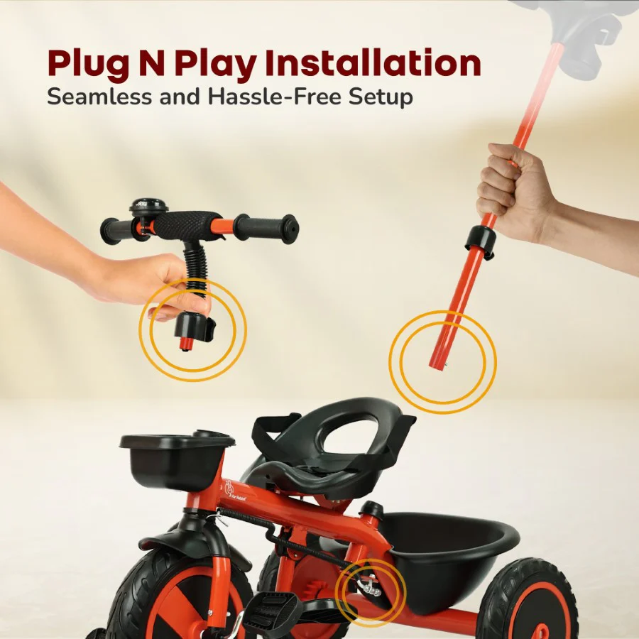 Tiny Toes R20 Plus Tricycle for Kids with Safety Certification, Plug-and-Play Design, Rubber Wheels & Steel Frame - Cherry Red - Image 7