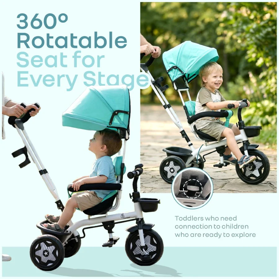 Tiny Toes R40 Ace 360° Rotatable Seat Baby Tricycle with Parent Control Handle, Adjustable Canopy & EVA Wheels (2–5 Years) - Lake Blue - Image 3
