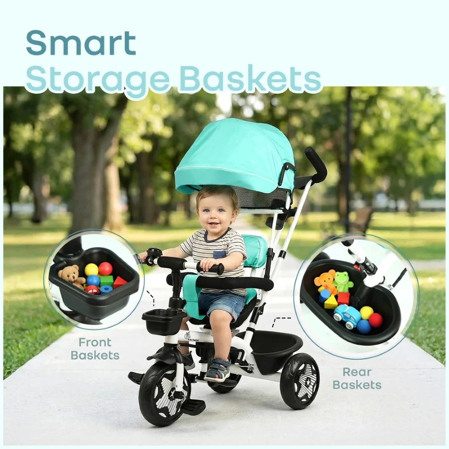 Tiny Toes R40 Ace 360° Rotatable Seat Baby Tricycle with Parent Control Handle, Adjustable Canopy & EVA Wheels (2–5 Years) - Lake Blue - Image 7