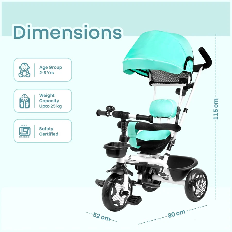 Tiny Toes R40 Ace 360° Rotatable Seat Baby Tricycle with Parent Control Handle, Adjustable Canopy & EVA Wheels (2–5 Years) - Lake Blue - Image 8