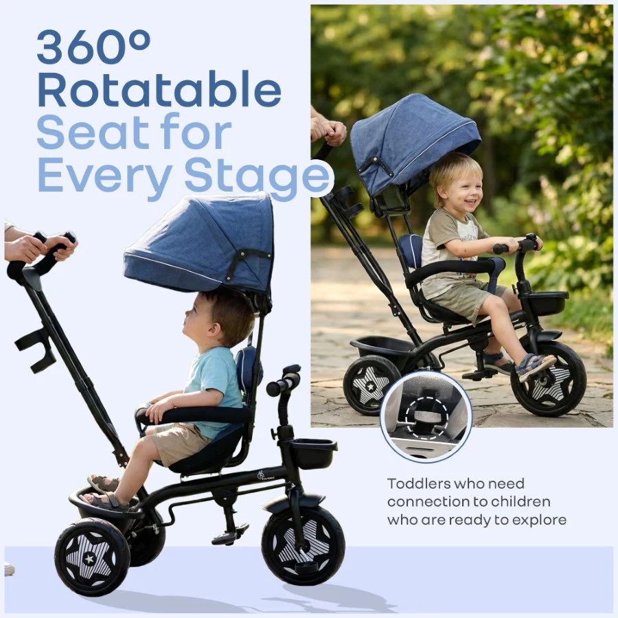 Tiny Toes R40 Ace 360° Rotatable Seat Baby Tricycle with Parent Control Handle, Adjustable Canopy & EVA Wheels (2–5 Years) - Denim Blue - Image 3
