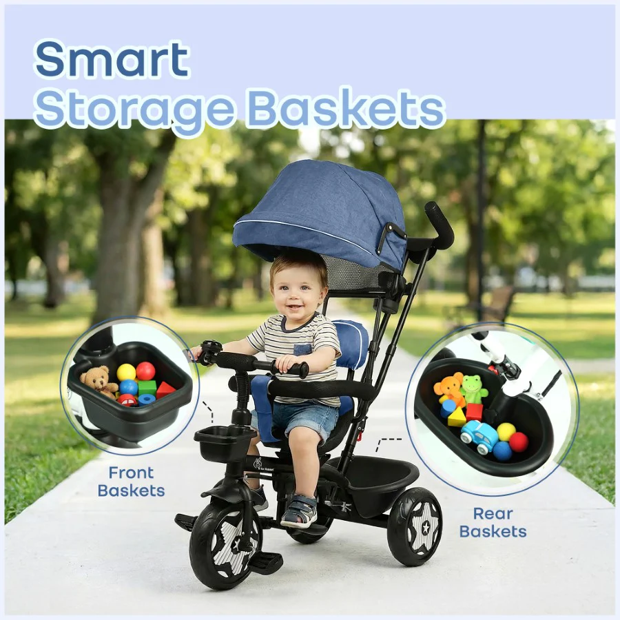 Tiny Toes R40 Ace 360° Rotatable Seat Baby Tricycle with Parent Control Handle, Adjustable Canopy & EVA Wheels (2–5 Years) - Denim Blue - Image 7