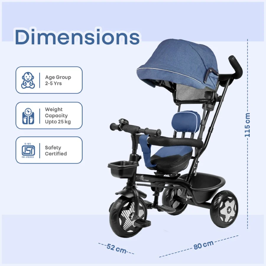Tiny Toes R40 Ace 360° Rotatable Seat Baby Tricycle with Parent Control Handle, Adjustable Canopy & EVA Wheels (2–5 Years) - Denim Blue - Image 8