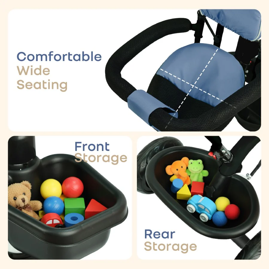 Tiny Toes R40 Plus Baby Tricycle with Canopy, Footrests, Plug-N-Play Wheels & Adjustable Parent Handle (Up to 25 kg) - Denim Blue - Image 6