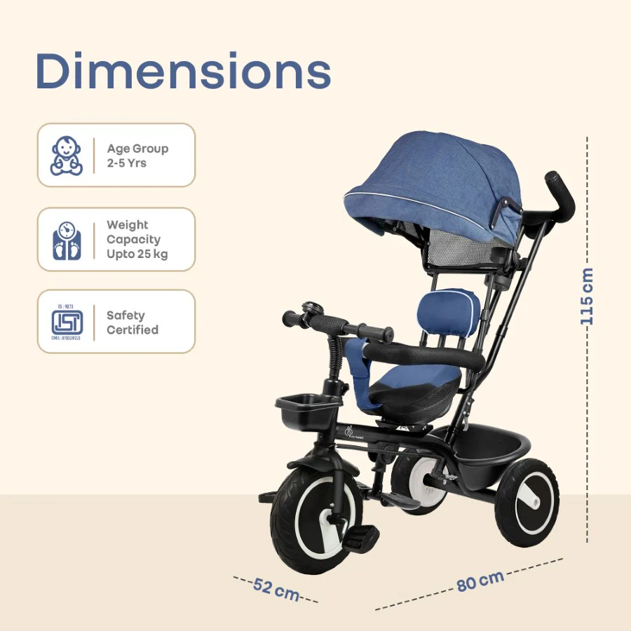 Tiny Toes R40 Plus Baby Tricycle with Canopy, Footrests, Plug-N-Play Wheels & Adjustable Parent Handle (Up to 25 kg) - Denim Blue - Image 8