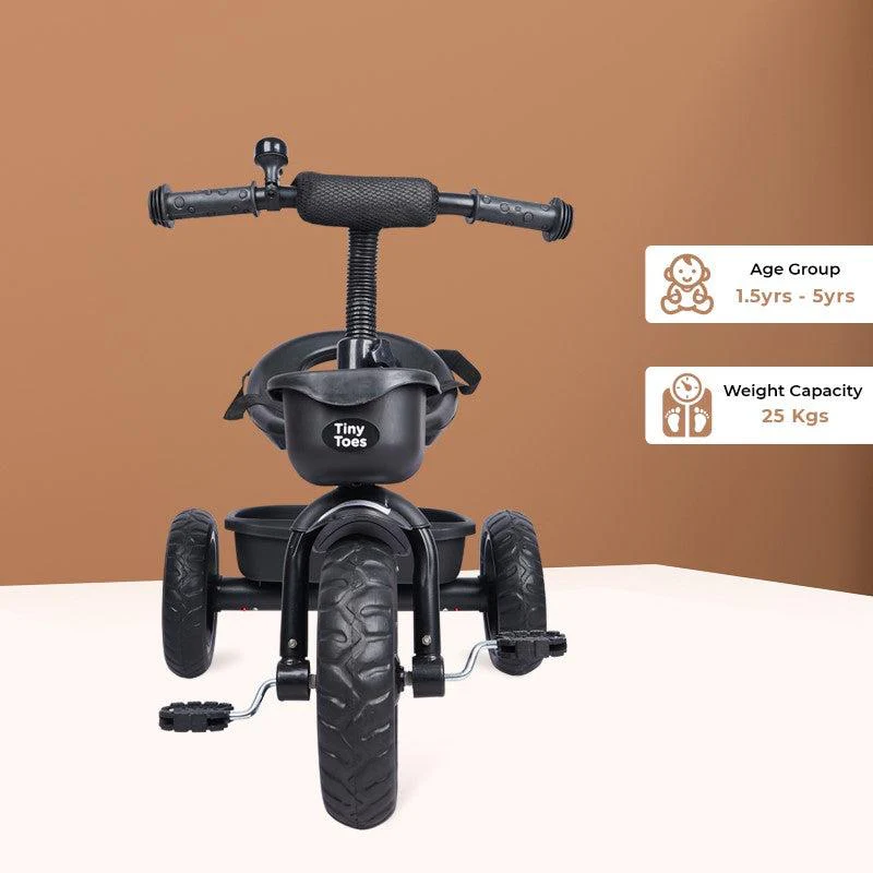 Tiny Toes T10 Ace Tricycle - Front & Back Basket, Seat Belt - Black - Image 4